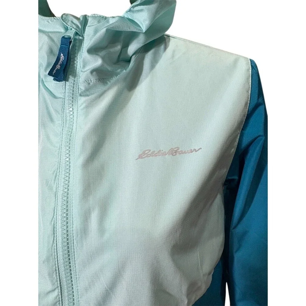 Eddie Bauer Girls Hooded Windbreaker Jacket Blue Teal Colorblock Size M 10 - Picture 2 of 10